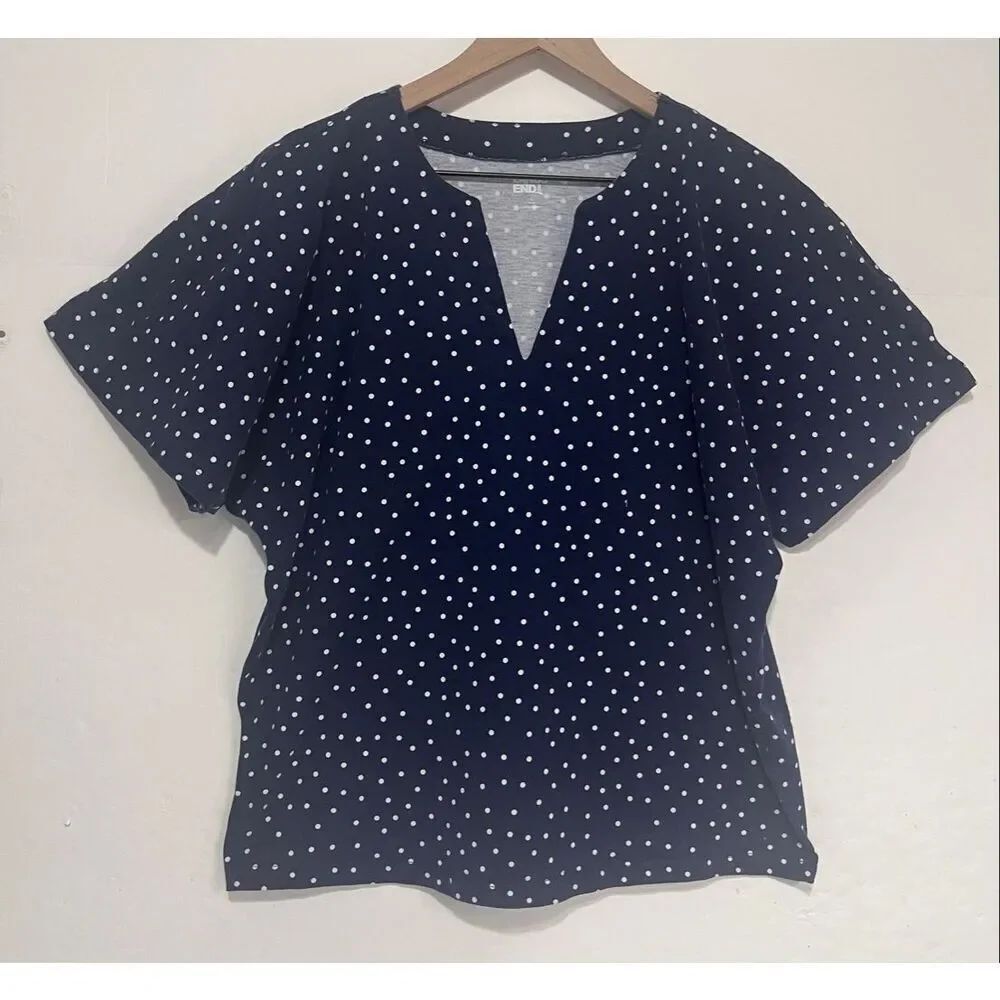 Lands End Navy Blue With White Polka Dots Top Size L
